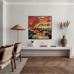 Une Vue sur Essaouira <br><span class="dimension">Dimensions 128X128cm </br> <a href="https://bloc9art.com/product-category/artistes/mountassir-mohamed/"><u>MOUNTASSIR Mohamed</u></a></span>